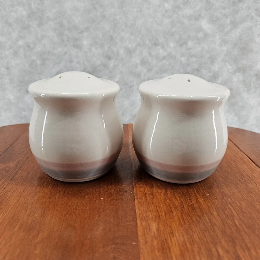 Pfaltzgraff Aura Salt Pepper Set USA Made Cream W/Pink Blue Band 90s Vtg Retired